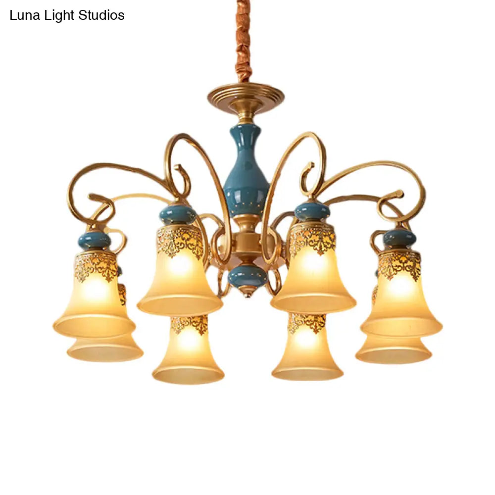 Countryside Brass Suspension Pendant Chandelier With Bell Milk Glass Shade - 3/5/6-Bulb Swooping Arm