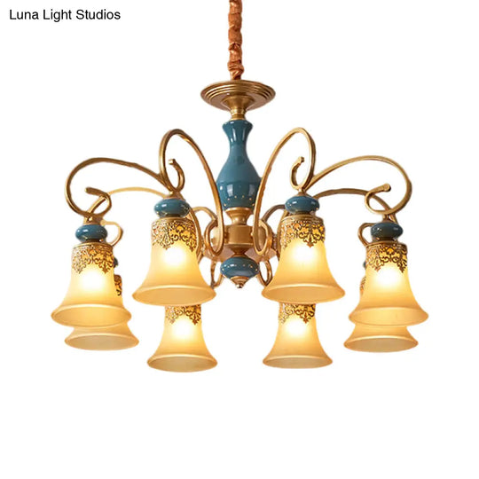 Countryside Brass Suspension Pendant Chandelier With Bell Milk Glass Shade - 3/5/6-Bulb Swooping Arm