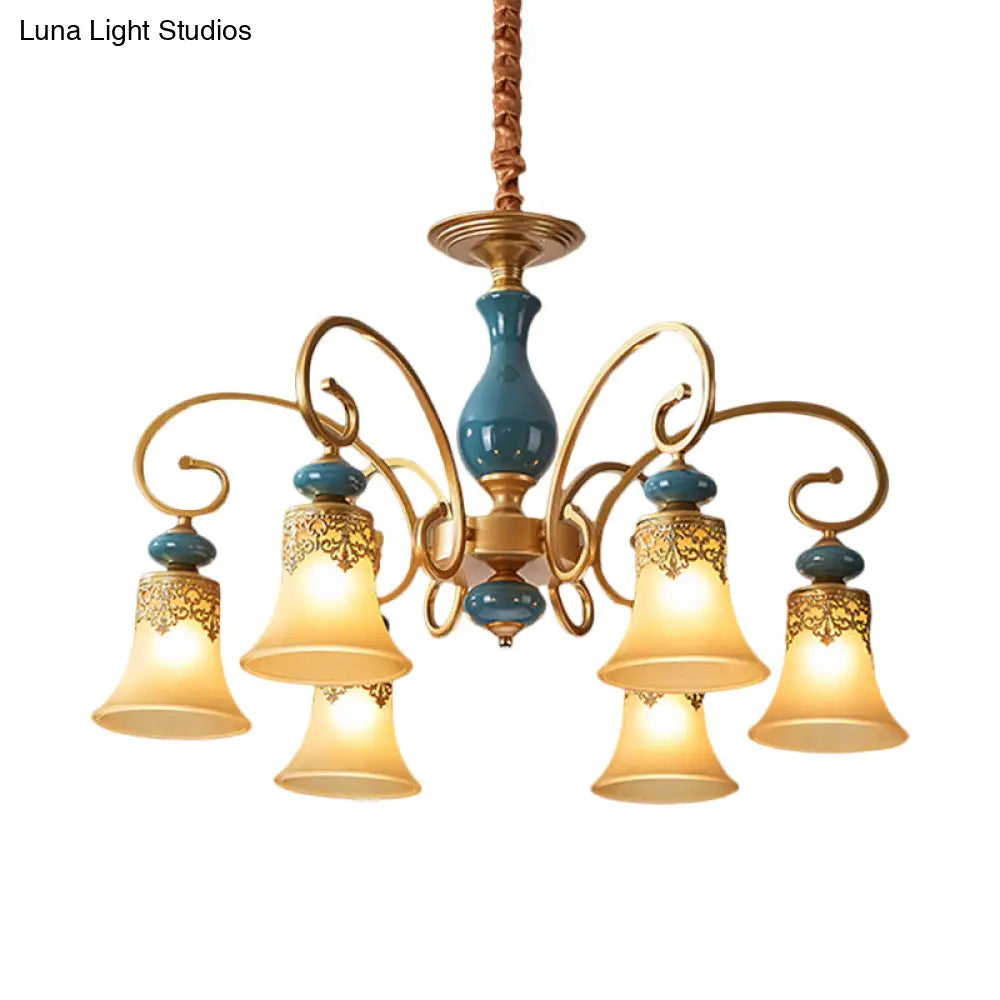 Countryside Brass Suspension Pendant Chandelier With Bell Milk Glass Shade - 3/5/6-Bulb Swooping Arm