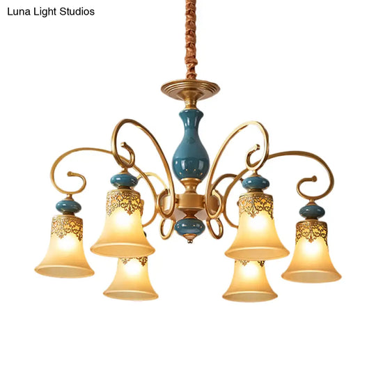 Countryside Brass Suspension Pendant Chandelier With Bell Milk Glass Shade - 3/5/6-Bulb Swooping Arm