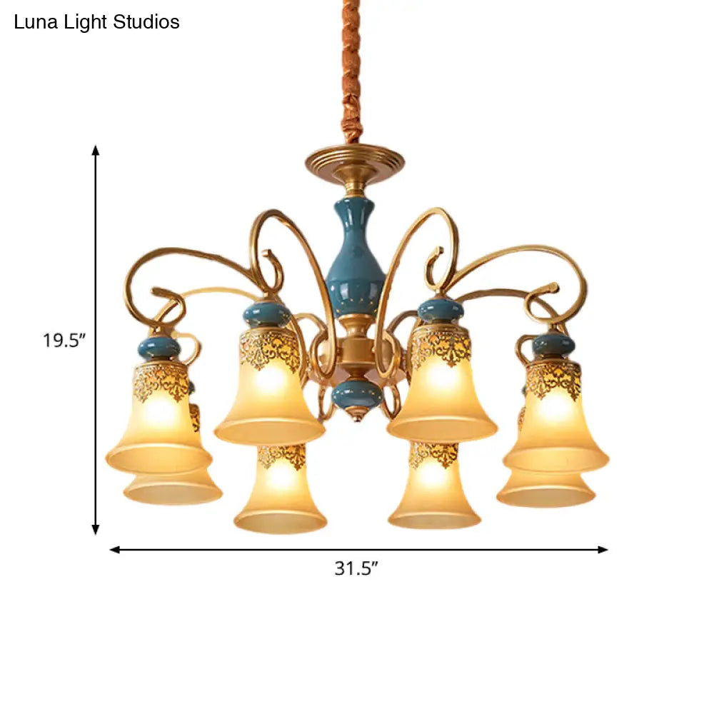 Countryside Brass Suspension Pendant Chandelier With Bell Milk Glass Shade - 3/5/6-Bulb Swooping Arm