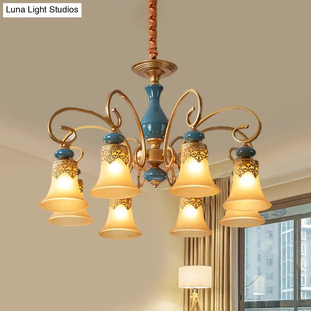 Countryside Brass Suspension Pendant Chandelier With Bell Milk Glass Shade - 3/5/6-Bulb Swooping Arm