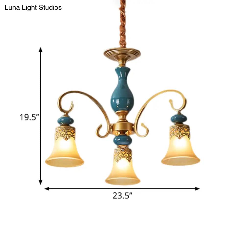 Countryside Brass Suspension Pendant Chandelier With Bell Milk Glass Shade - 3/5/6-Bulb Swooping Arm