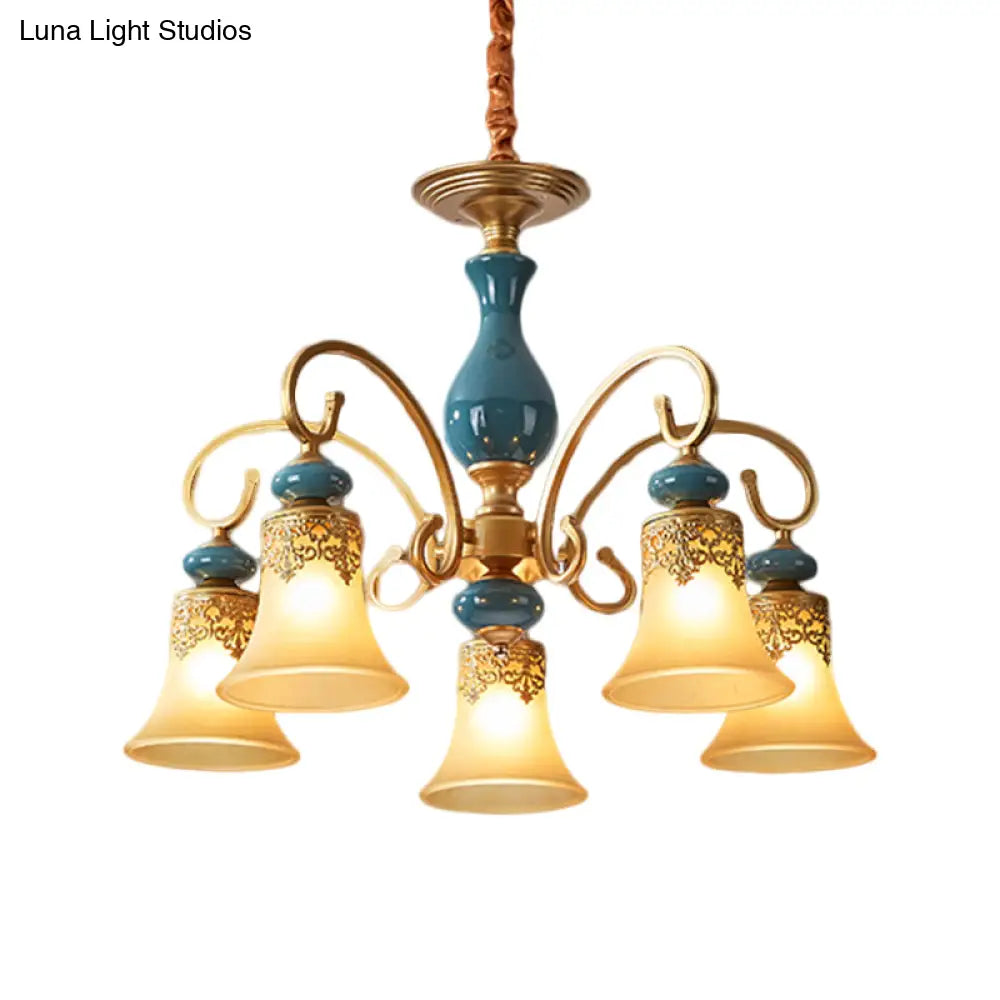 Countryside Brass Suspension Pendant Chandelier With Bell Milk Glass Shade - 3/5/6-Bulb Swooping Arm