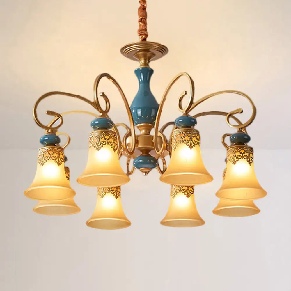 Countryside Brass Suspension Pendant Chandelier With Bell Milk Glass Shade - 3/5/6-Bulb Swooping Arm