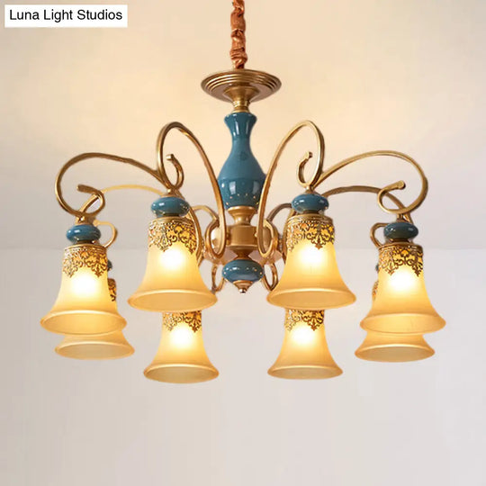 Countryside Brass Suspension Pendant Chandelier With Bell Milk Glass Shade - 3/5/6-Bulb Swooping Arm