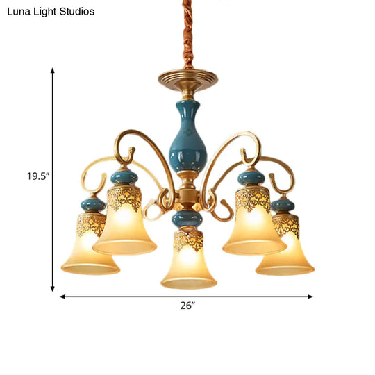 Countryside Brass Suspension Pendant Chandelier With Bell Milk Glass Shade - 3/5/6-Bulb Swooping Arm