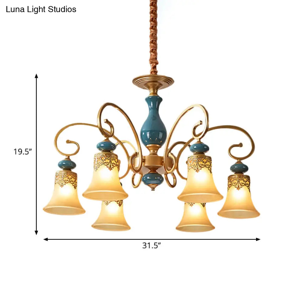 Countryside Brass Suspension Pendant Chandelier With Bell Milk Glass Shade - 3/5/6-Bulb Swooping Arm