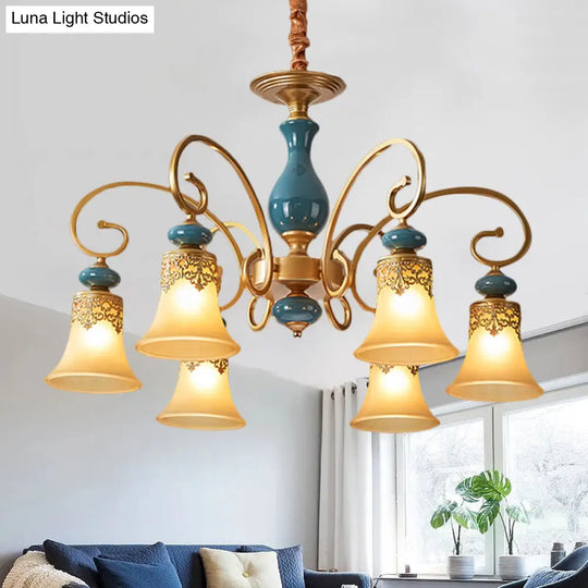 Countryside Brass Suspension Pendant Chandelier With Bell Milk Glass Shade - 3/5/6-Bulb Swooping Arm