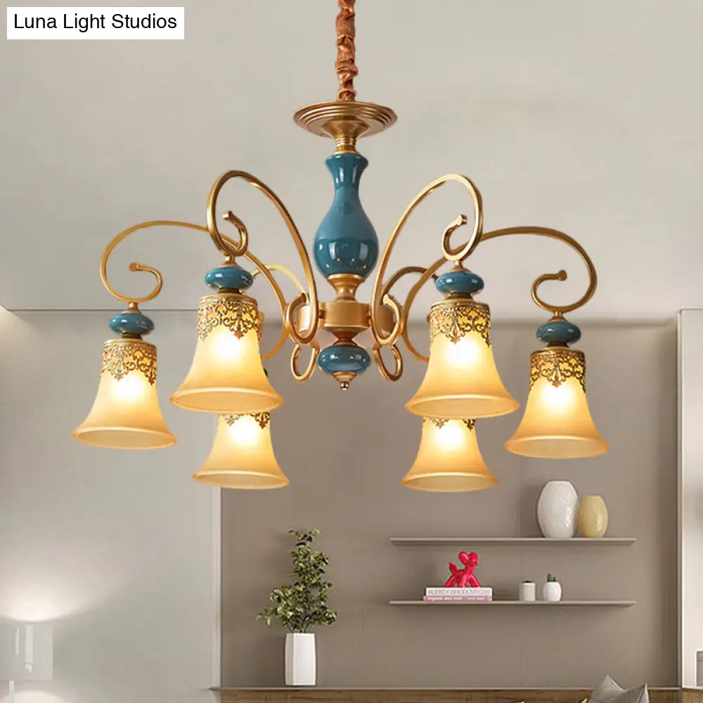 Countryside Brass Suspension Pendant Chandelier With Bell Milk Glass Shade - 3/5/6-Bulb Swooping Arm