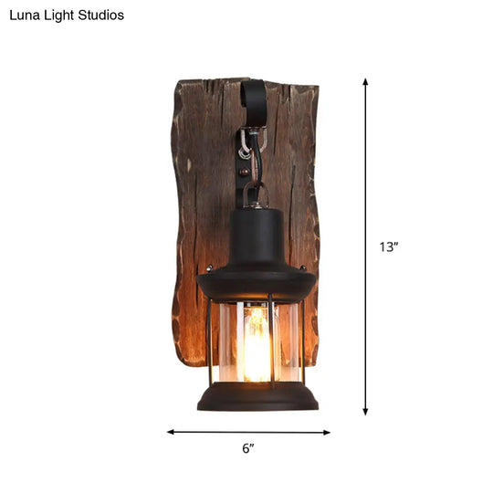 Countryside Brown Lantern Wall Light Kit With Clear Glass Shade And Wood Backplate 1-Light