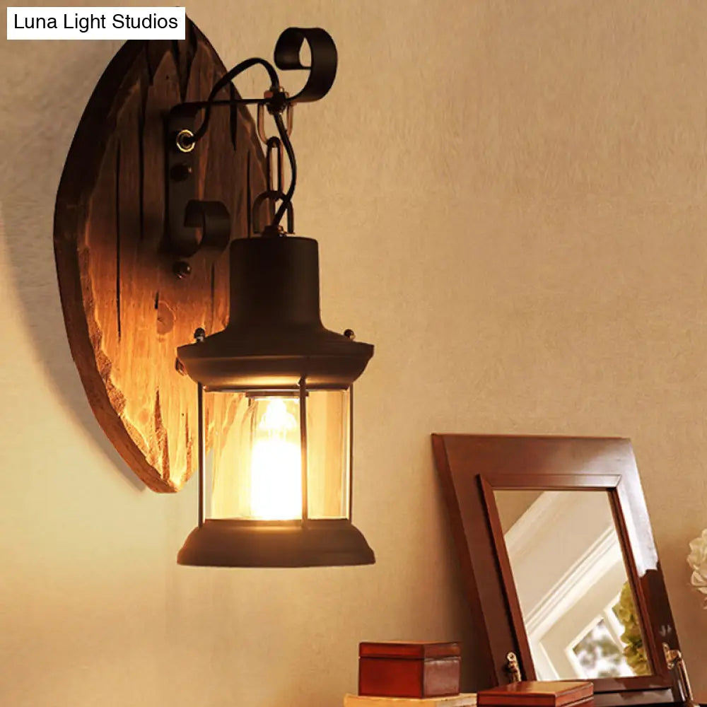 Countryside Brown Lantern Wall Light Kit With Clear Glass Shade And Wood Backplate 1-Light