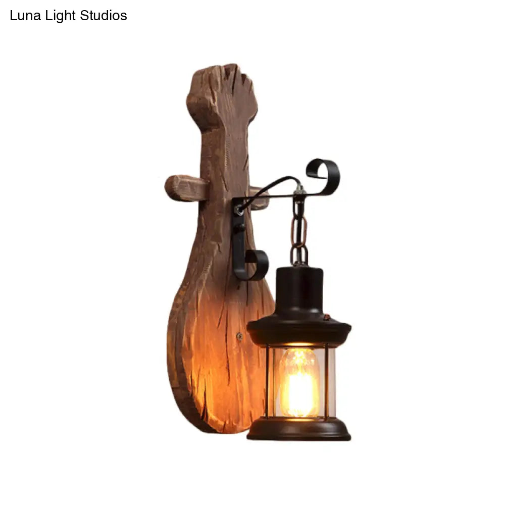 Countryside Brown Lantern Wall Light Kit With Clear Glass Shade And Wood Backplate 1-Light