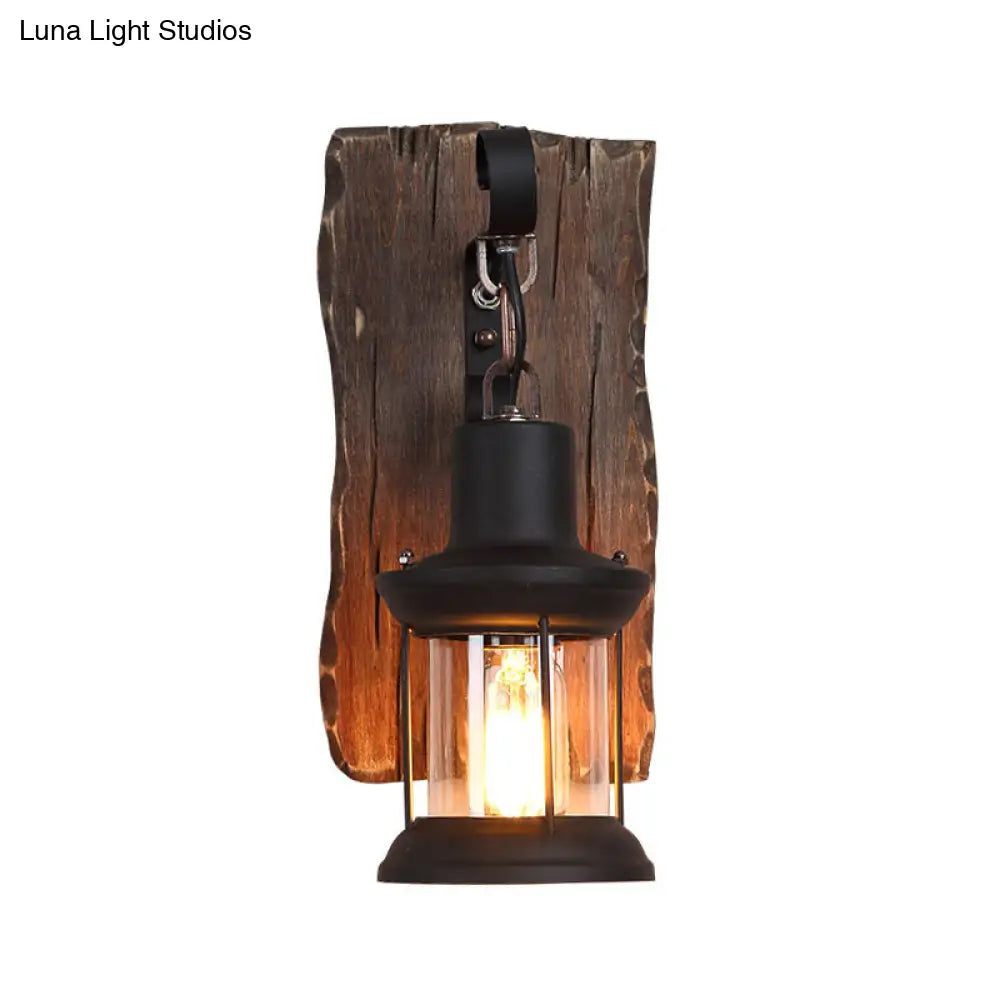 Countryside Brown Lantern Wall Light Kit With Clear Glass Shade And Wood Backplate 1-Light