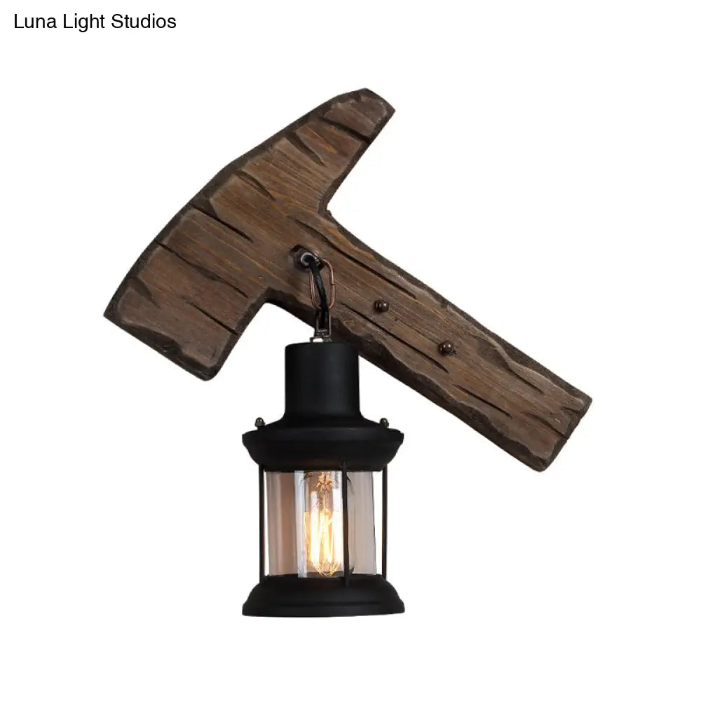 Countryside Brown Lantern Wall Light Kit With Clear Glass Shade And Wood Backplate 1-Light