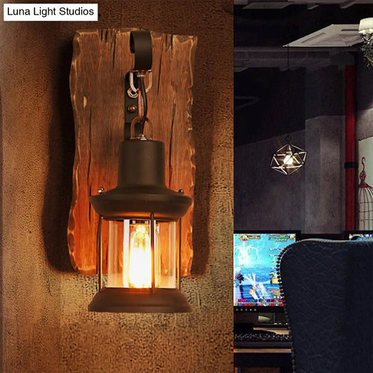 Countryside Brown Lantern Wall Light Kit With Clear Glass Shade And Wood Backplate 1-Light