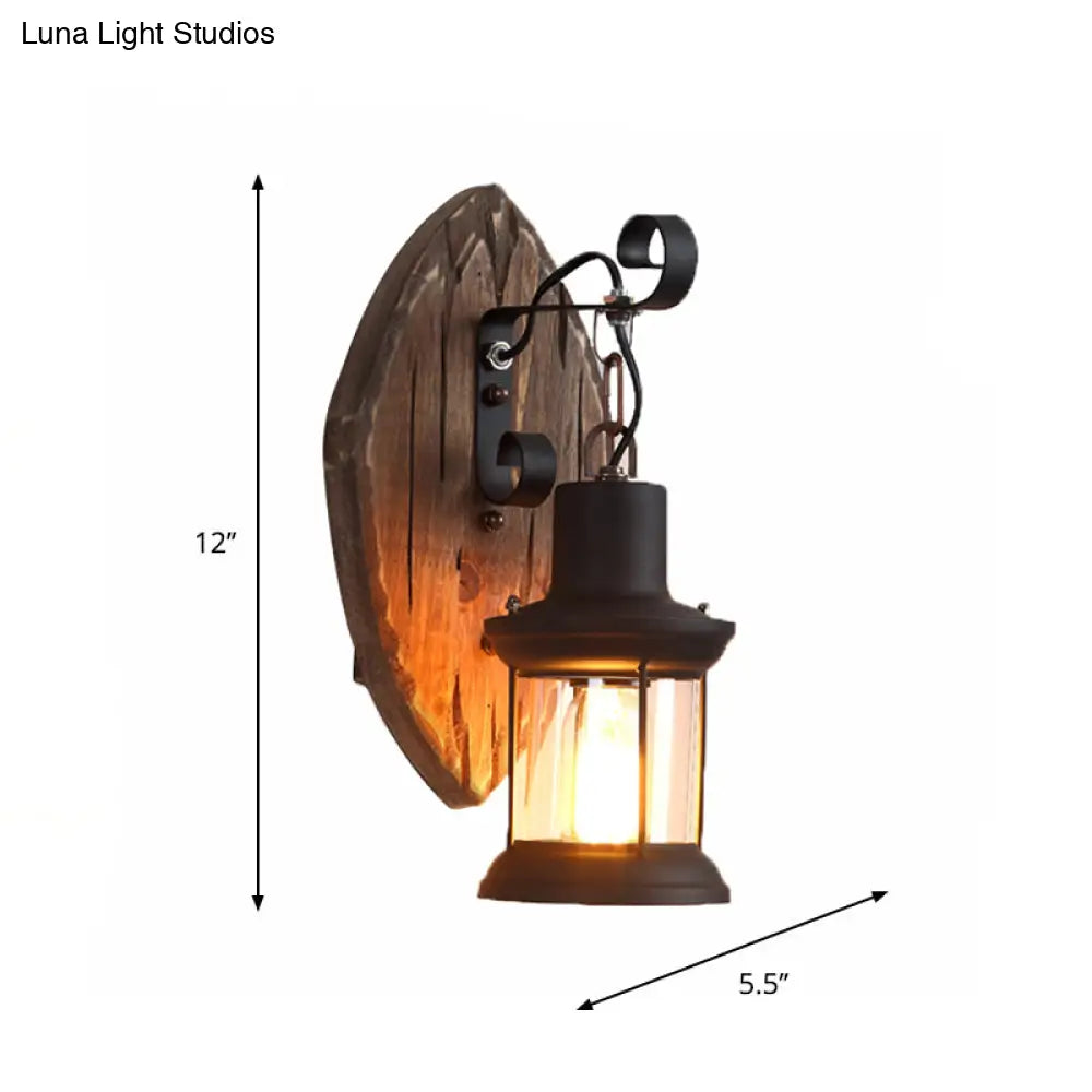 Countryside Brown Lantern Wall Light Kit With Clear Glass Shade And Wood Backplate 1-Light