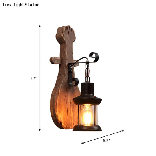 Countryside Brown Lantern Wall Light Kit With Clear Glass Shade And Wood Backplate 1-Light