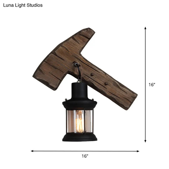 Countryside Brown Lantern Wall Light Kit With Clear Glass Shade And Wood Backplate 1-Light