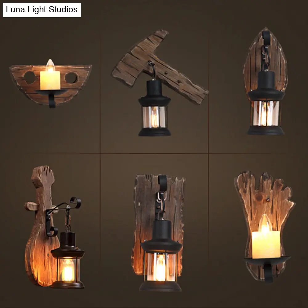 Countryside Brown Lantern Wall Light Kit With Clear Glass Shade And Wood Backplate 1-Light