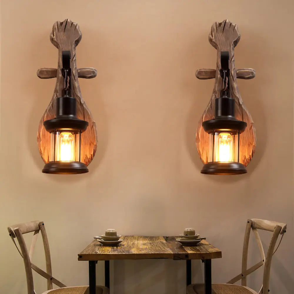 Countryside Brown Lantern Wall Light Kit With Clear Glass Shade And Wood Backplate 1-Light / F