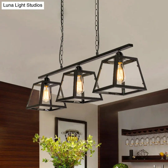 Countryside Clear Glass Island Pendant Light With Black Frame - 3 Bulbs