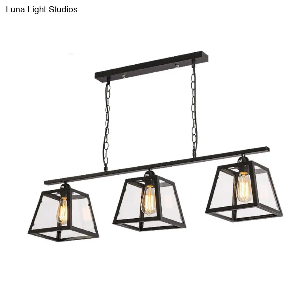 Countryside Clear Glass Island Pendant Light With Black Frame - 3 Bulbs