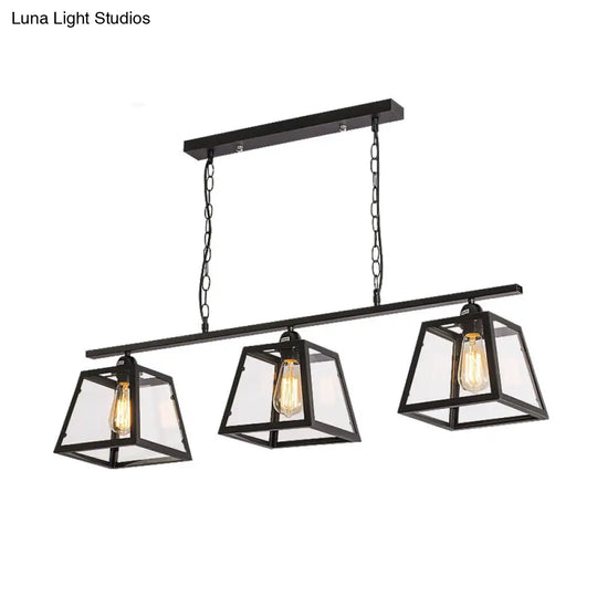 Countryside Clear Glass Island Pendant Light With Black Frame - 3 Bulbs