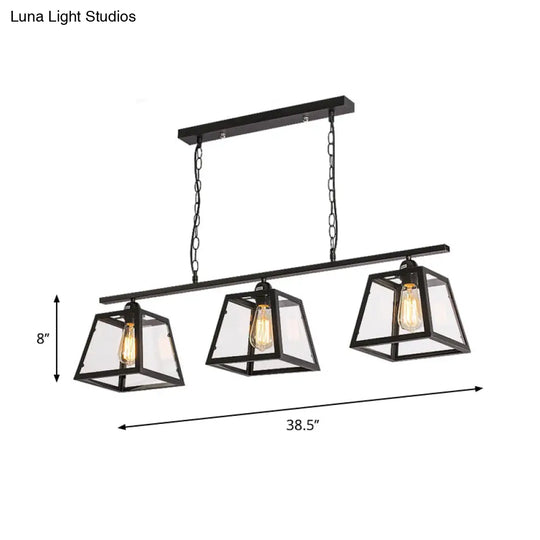 Countryside Clear Glass Island Pendant Light With Black Frame - 3 Bulbs