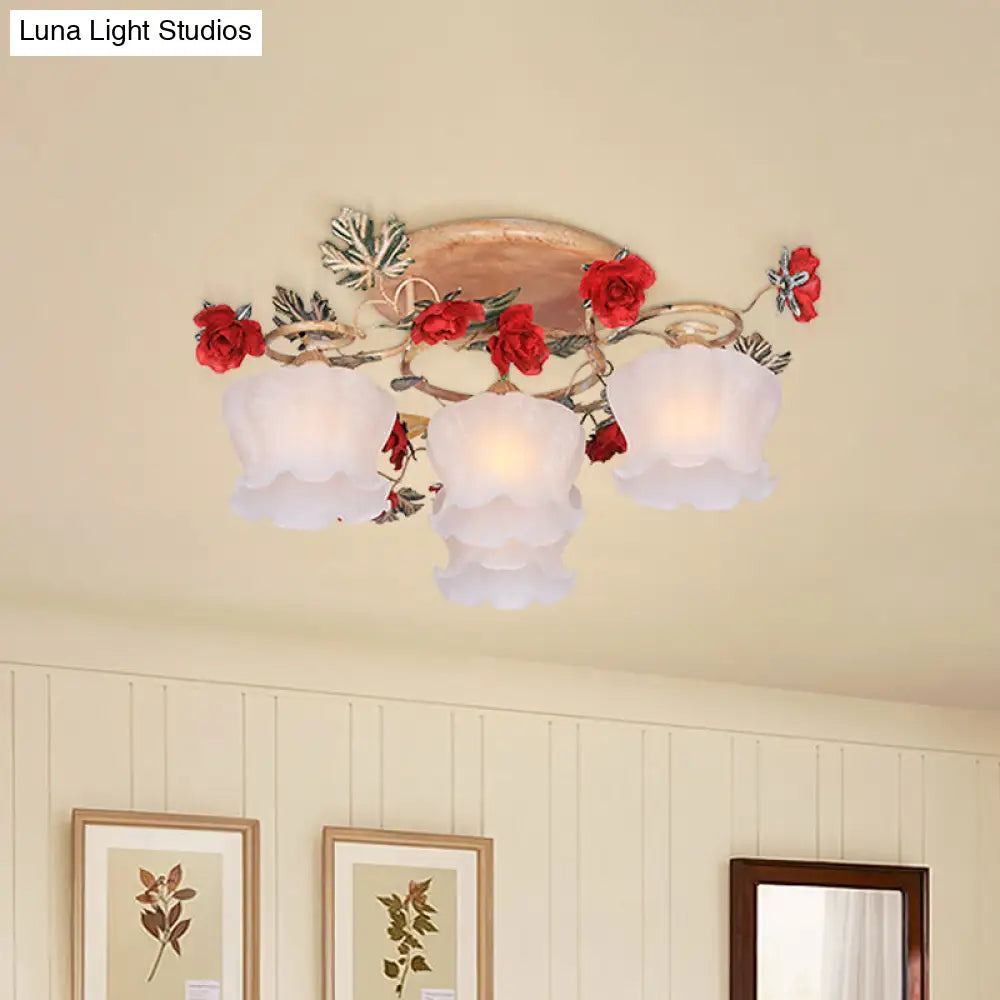 Countryside Coffee Floral Dining Room Semi Flush Light Fixture - 4/6 - Light Frosted Glass Mount