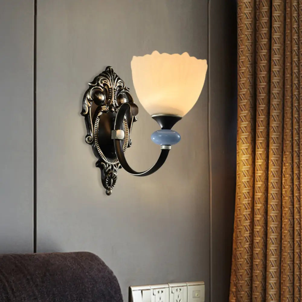 Countryside Corridor Wall Lamp With Bowl Frosted Glass Shade - Black 1 /