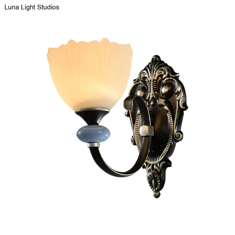 Countryside Corridor Wall Lamp With Bowl Frosted Glass Shade - Black