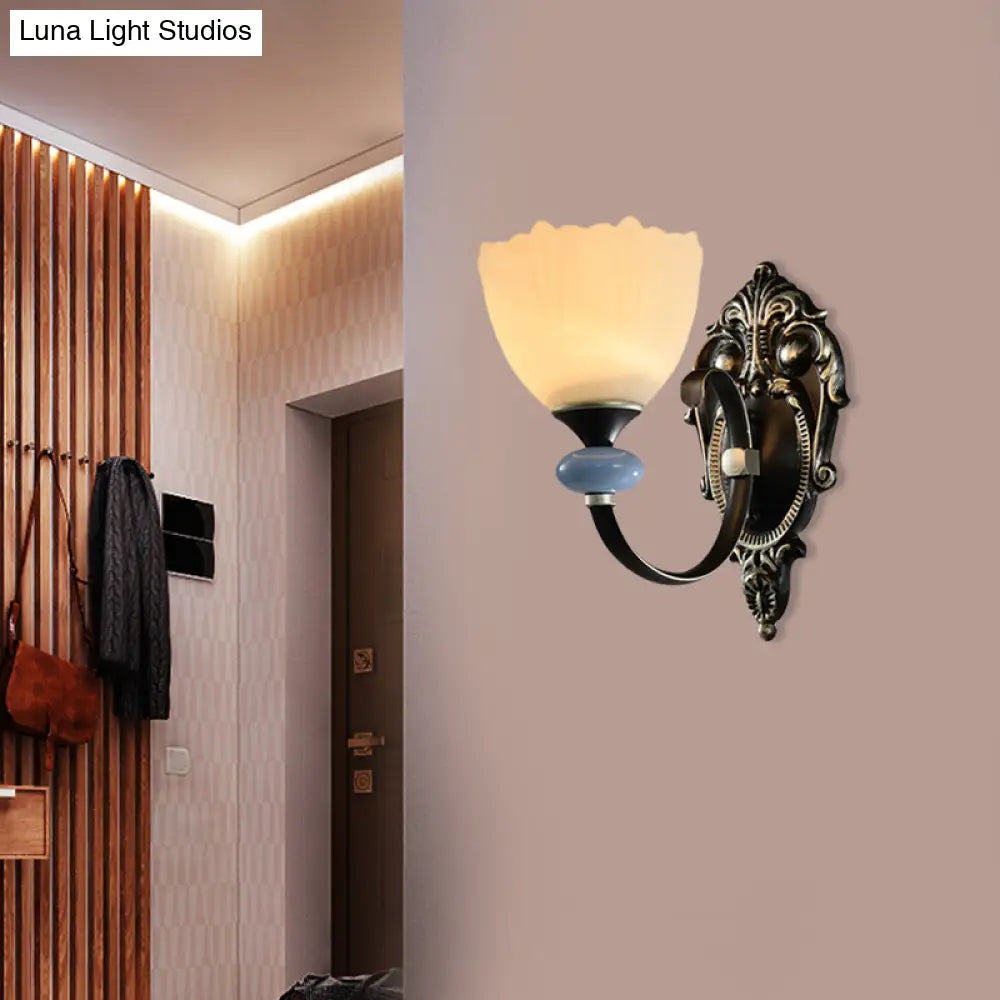 Countryside Corridor Wall Lamp With Bowl Frosted Glass Shade - Black