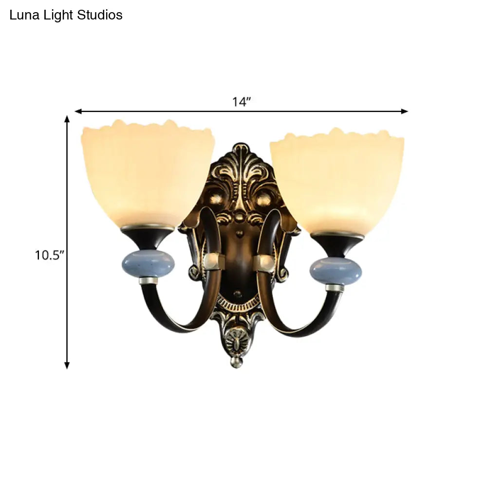 Countryside Corridor Wall Lamp With Bowl Frosted Glass Shade - Black