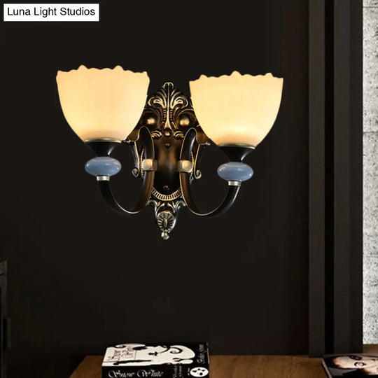 Countryside Corridor Wall Lamp With Bowl Frosted Glass Shade - Black