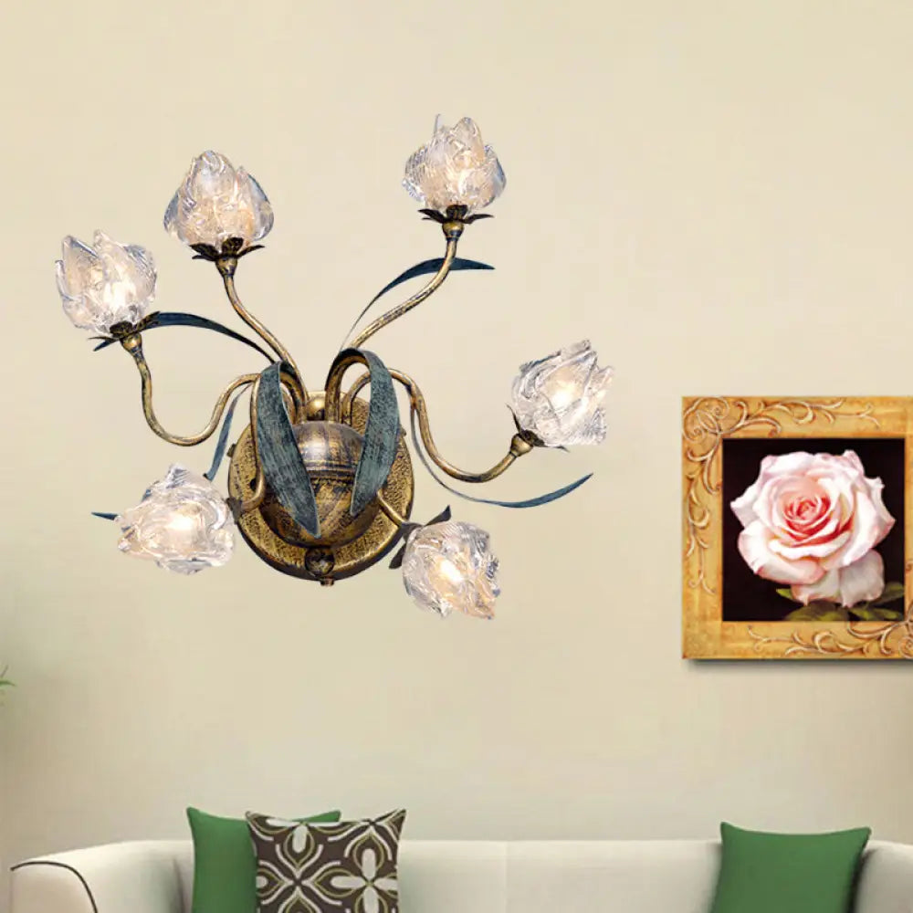 Countryside Flower Bud Wall Sconce Light - 6-Light Clear Glass In Antiqued Gold