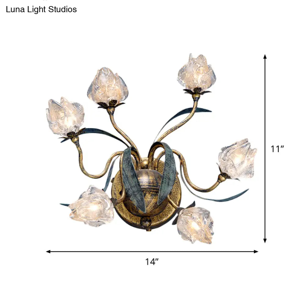 Countryside Flower Bud Wall Sconce Light - 6-Light Clear Glass In Antiqued Gold