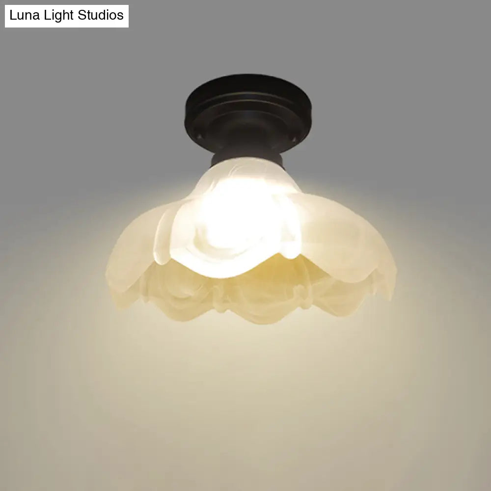 Countryside Flower Ribbed Glass Flush Mount Ceiling Fixture - Single Head White With Black Finish