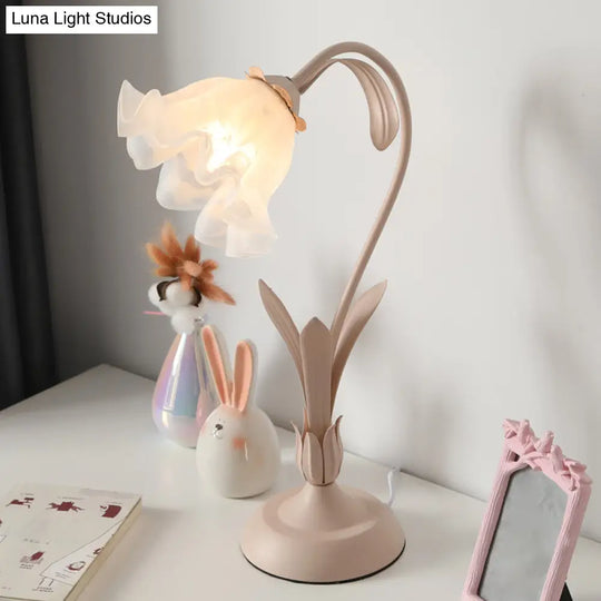 Countryside Frosted Glass Night Lamp - Flower Shape 1-Light Kids Room Table Light (Pink/Green)