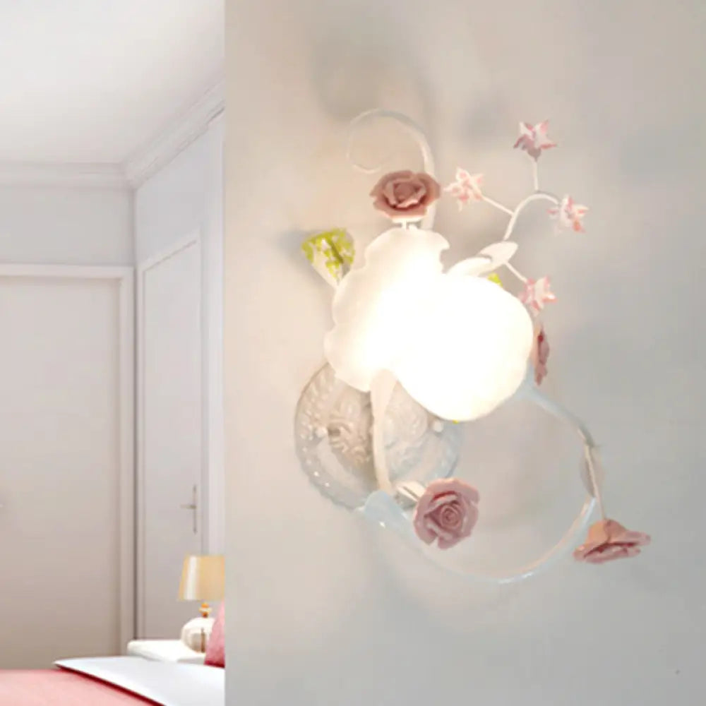 Countryside Glass Blossom Wall Lamp: Cream 1 Head Sconce Light In White/Pink - Left/Right Mount