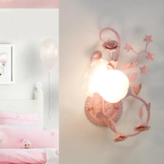 Countryside Glass Blossom Wall Lamp: Cream 1 Head Sconce Light In White/Pink - Left/Right Mount