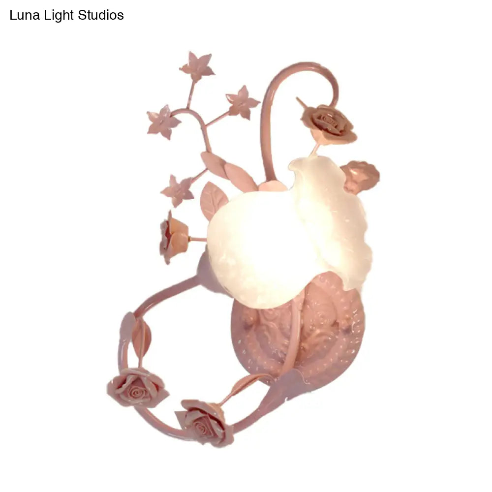 Countryside Glass Blossom Wall Lamp: Cream 1 Head Sconce Light In White/Pink - Left/Right Mount