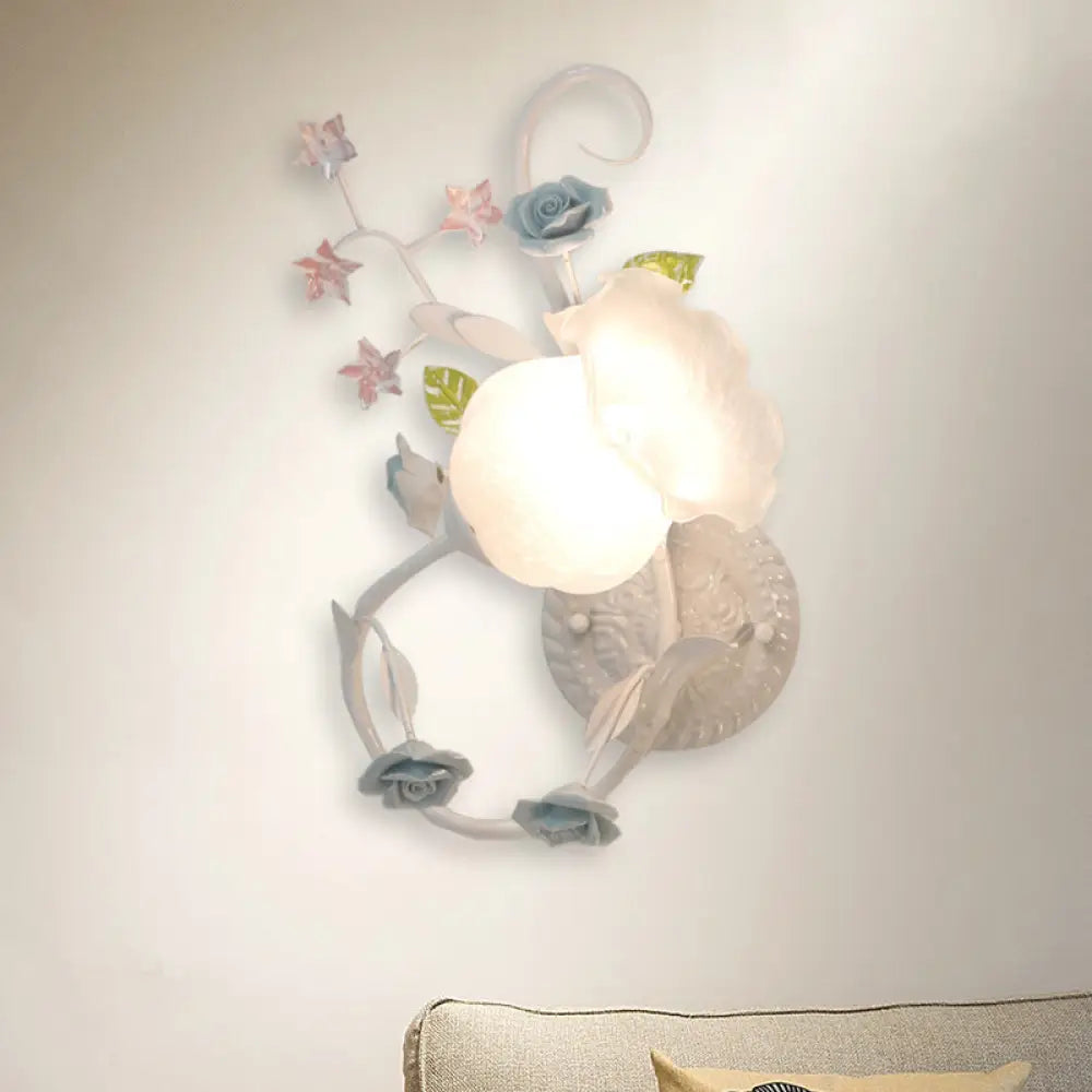 Countryside Glass Blossom Wall Lamp: Cream 1 Head Sconce Light In White/Pink - Left/Right Mount