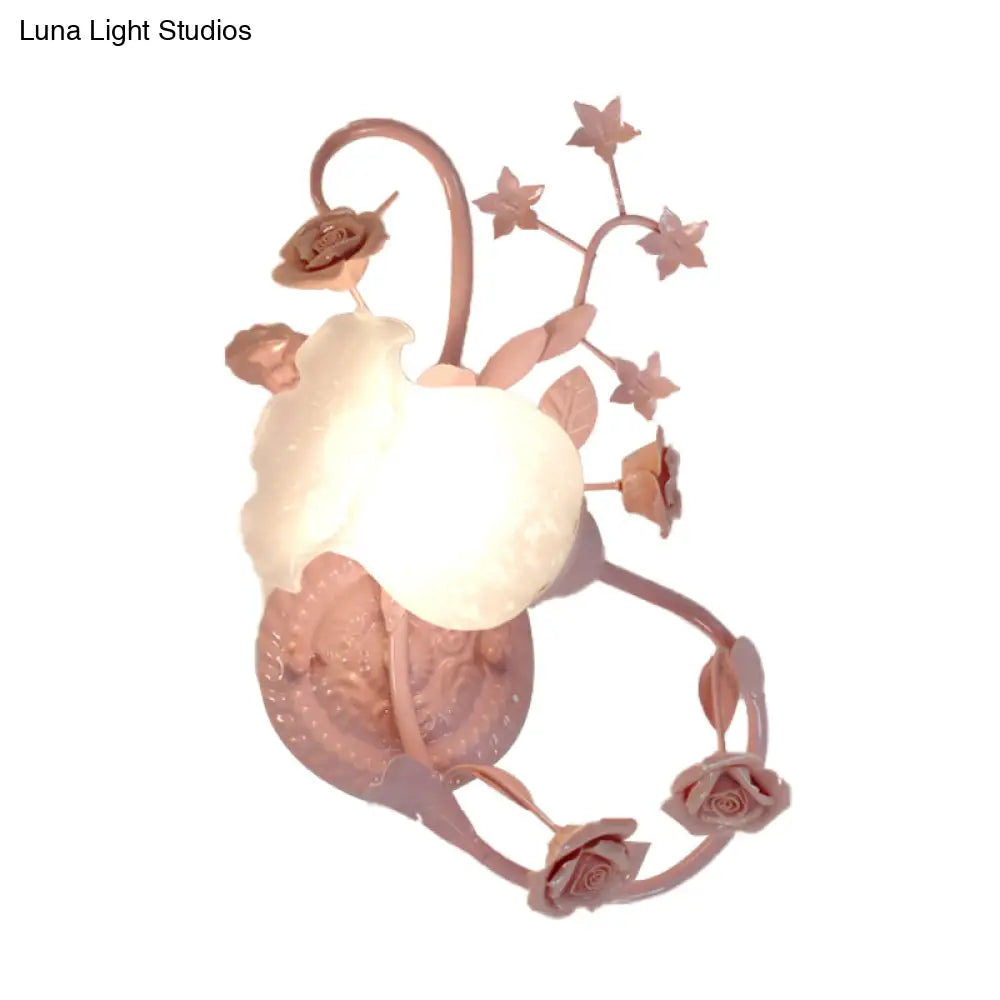 Countryside Glass Blossom Wall Lamp: Cream 1 Head Sconce Light In White/Pink - Left/Right Mount