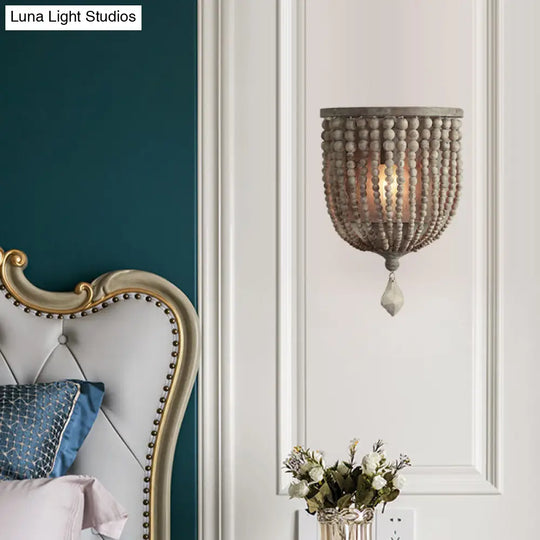 Countryside Grey Beaded Wall Mount Sconce With Light Wood Accent - Living Room Fixture