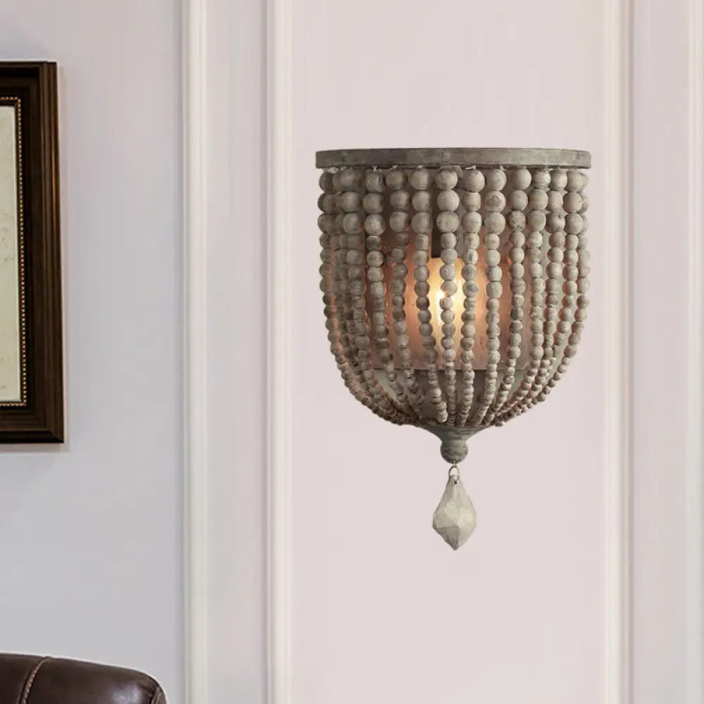 Countryside Grey Beaded Wall Mount Sconce With Light Wood Accent - Living Room Fixture