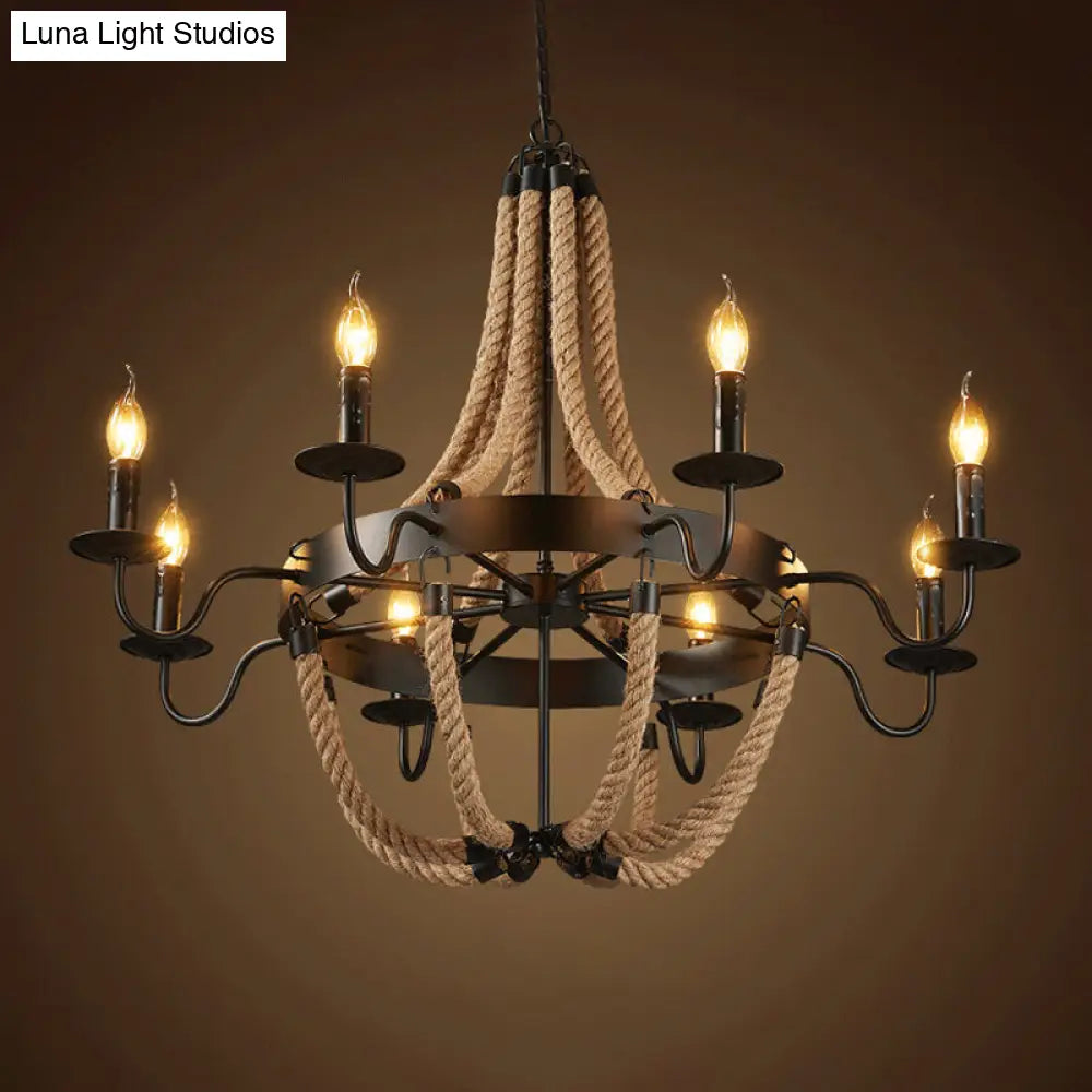 Countryside Hemp Rope Chandelier With Candle Design - Brown 6/8 Bulbs Pendant Lighting