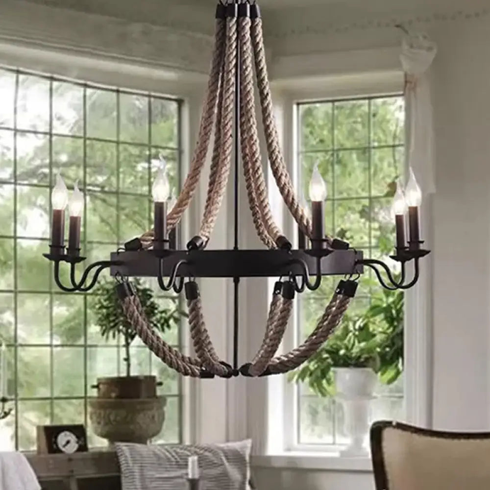 Countryside Hanging Chandelier With 6/8 Brown Bulbs And Hemp Rope Basket Pendant Design 8 /