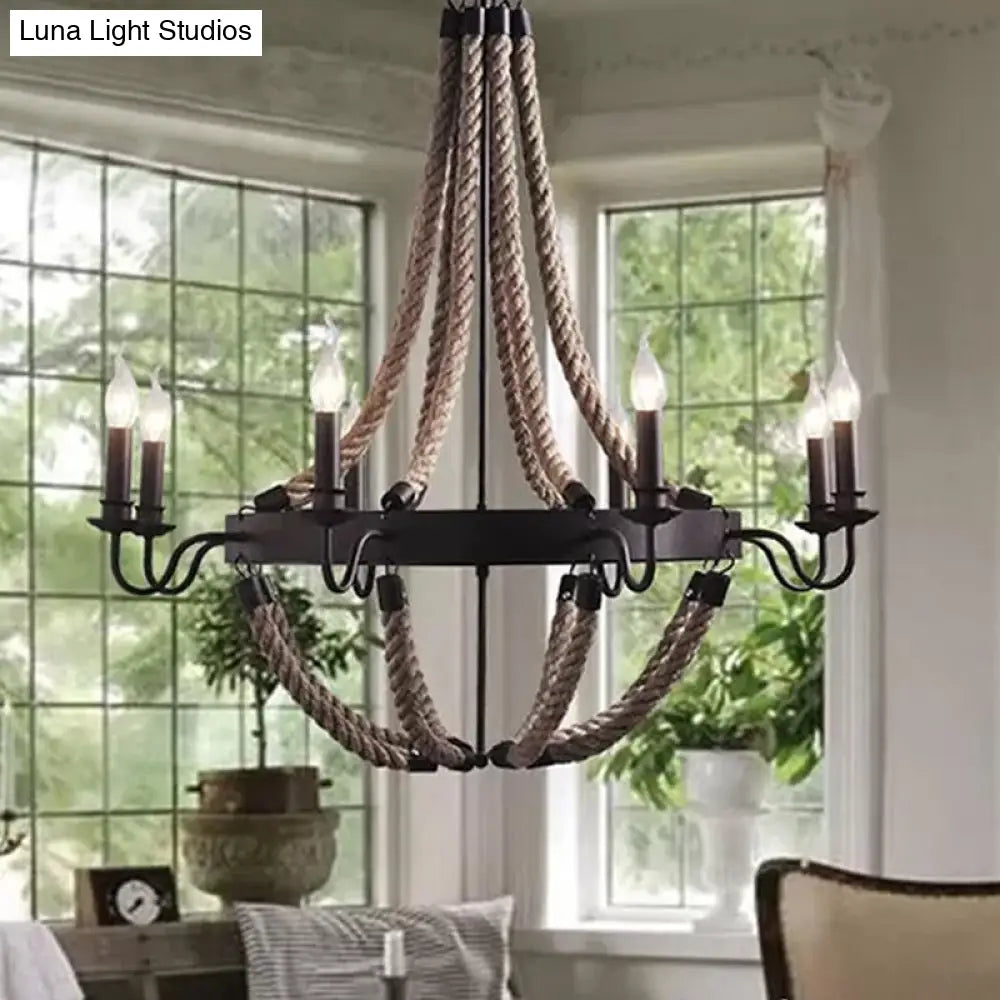 Countryside Hemp Rope Chandelier With Candle Design - Brown 6/8 Bulbs Pendant Lighting 8 /