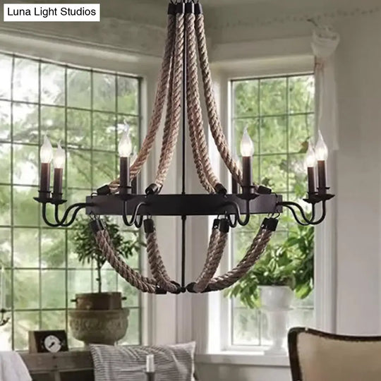 Countryside Hemp Rope Chandelier With Candle Design - Brown 6/8 Bulbs Pendant Lighting 8 /